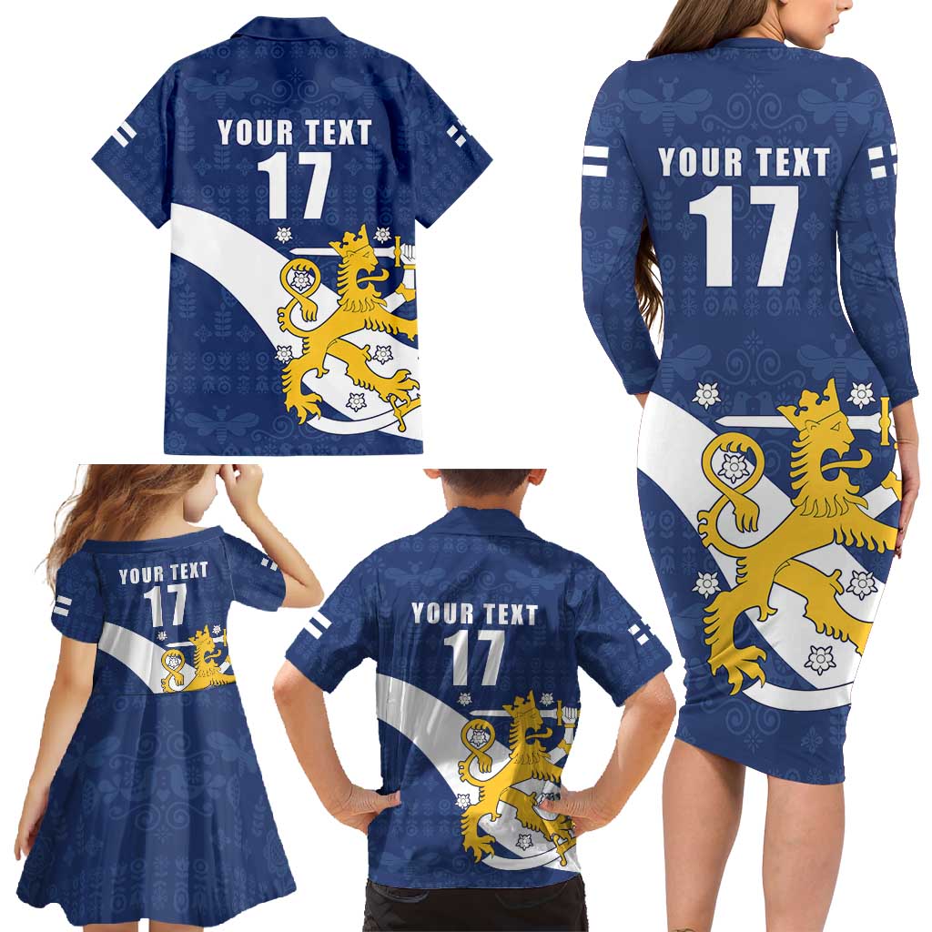 Custom Finland Football We are Champions Family Matching Long Sleeve Bodycon Dress and Hawaiian Shirt Huuhkajat with Finnish Folk Paterns