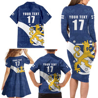 Custom Finland Football We are Champions Family Matching Long Sleeve Bodycon Dress and Hawaiian Shirt Huuhkajat with Finnish Folk Paterns