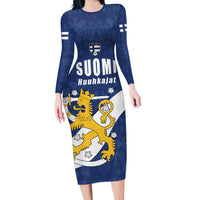 Custom Finland Football We are Champions Family Matching Long Sleeve Bodycon Dress and Hawaiian Shirt Huuhkajat with Finnish Folk Paterns