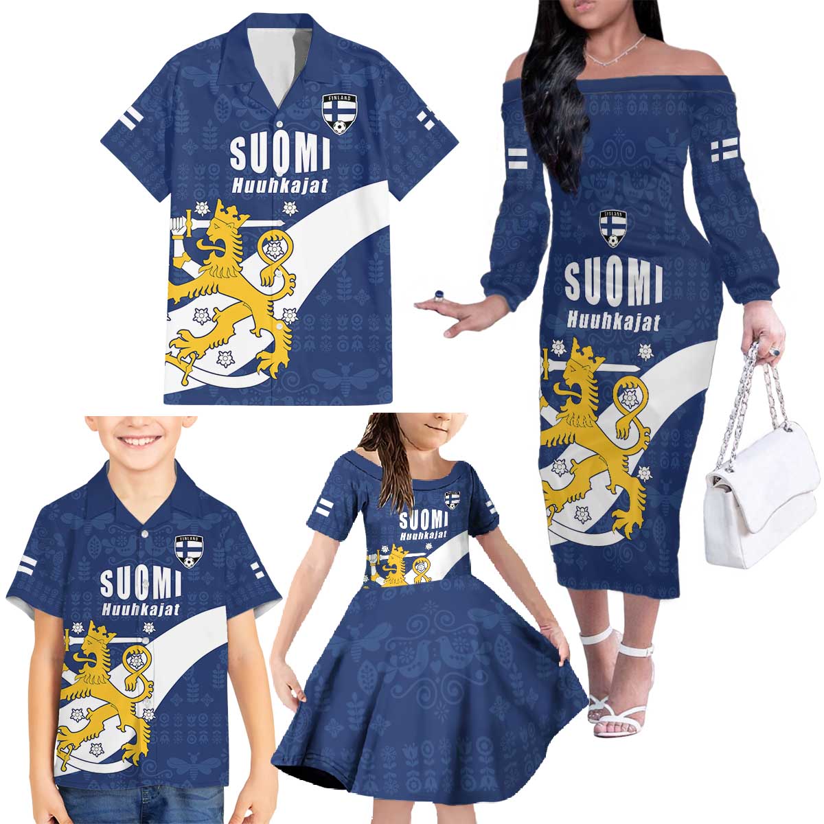 Custom Finland Football We are Champions Family Matching Off The Shoulder Long Sleeve Dress and Hawaiian Shirt Huuhkajat with Finnish Folk Paterns