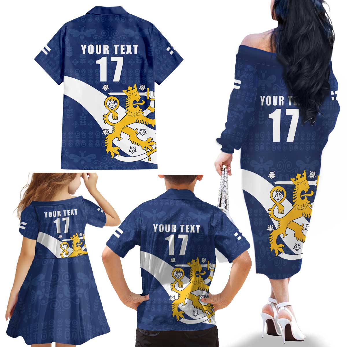 Custom Finland Football We are Champions Family Matching Off The Shoulder Long Sleeve Dress and Hawaiian Shirt Huuhkajat with Finnish Folk Paterns