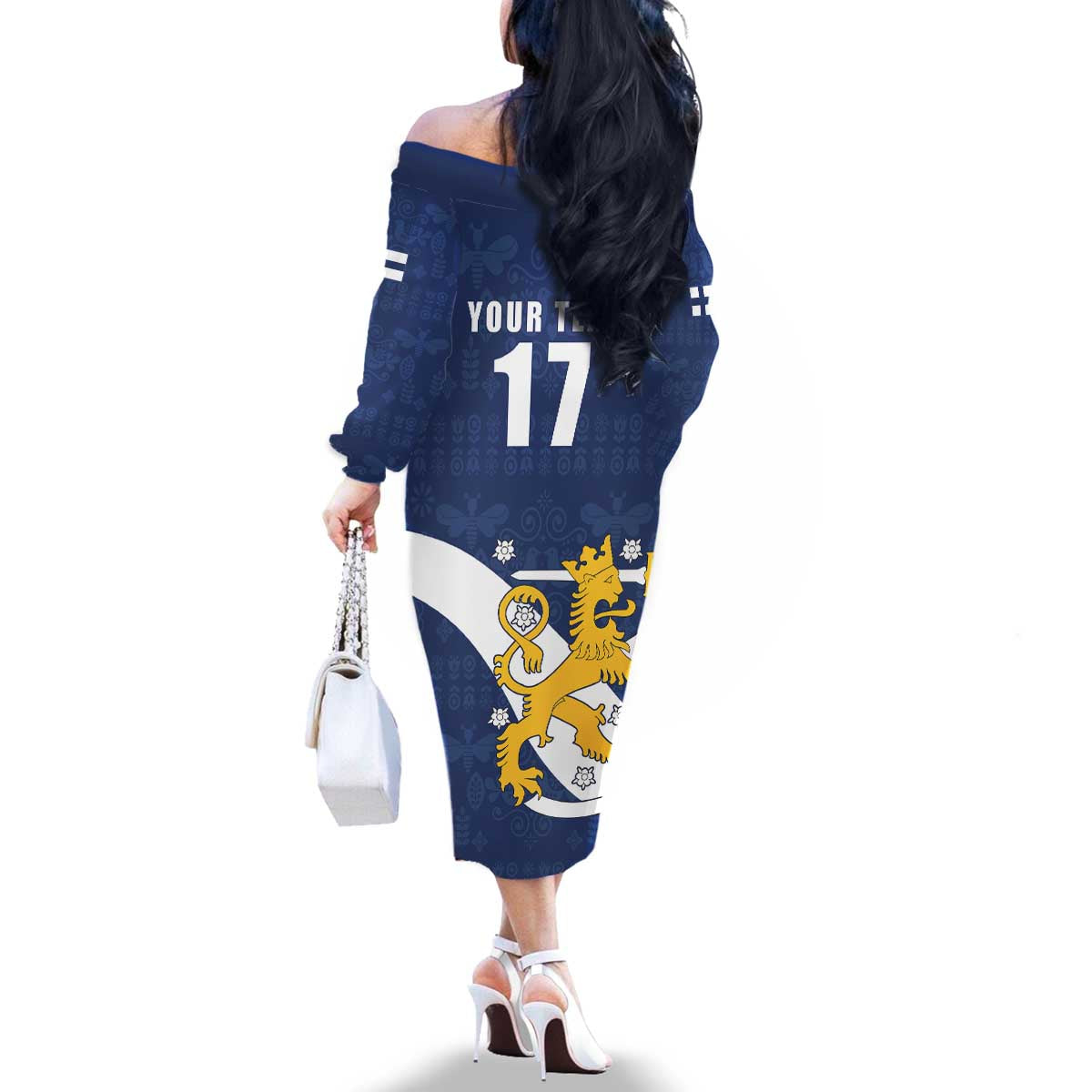 Custom Finland Football We are Champions Family Matching Off The Shoulder Long Sleeve Dress and Hawaiian Shirt Huuhkajat with Finnish Folk Paterns