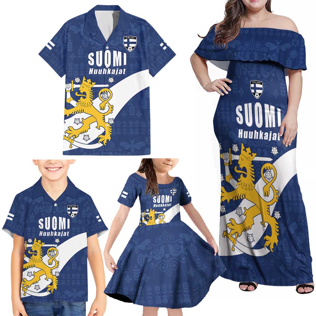 Custom Finland Football We are Champions Family Matching Off Shoulder Maxi Dress and Hawaiian Shirt Huuhkajat with Finnish Folk Paterns