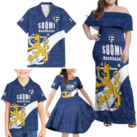 Custom Finland Football We are Champions Family Matching Off Shoulder Maxi Dress and Hawaiian Shirt Huuhkajat with Finnish Folk Paterns