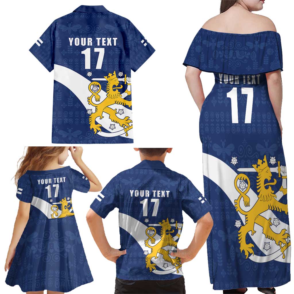 Custom Finland Football We are Champions Family Matching Off Shoulder Maxi Dress and Hawaiian Shirt Huuhkajat with Finnish Folk Paterns