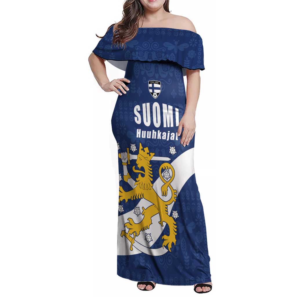 Custom Finland Football We are Champions Family Matching Off Shoulder Maxi Dress and Hawaiian Shirt Huuhkajat with Finnish Folk Paterns