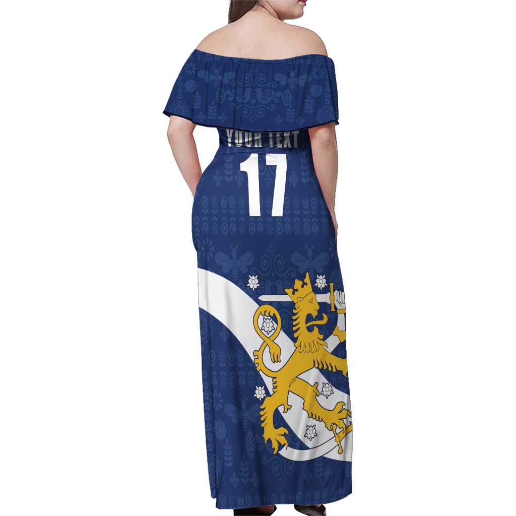 Custom Finland Football We are Champions Family Matching Off Shoulder Maxi Dress and Hawaiian Shirt Huuhkajat with Finnish Folk Paterns