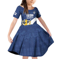 Custom Finland Football We are Champions Family Matching Off Shoulder Short Dress and Hawaiian Shirt Huuhkajat with Finnish Folk Paterns