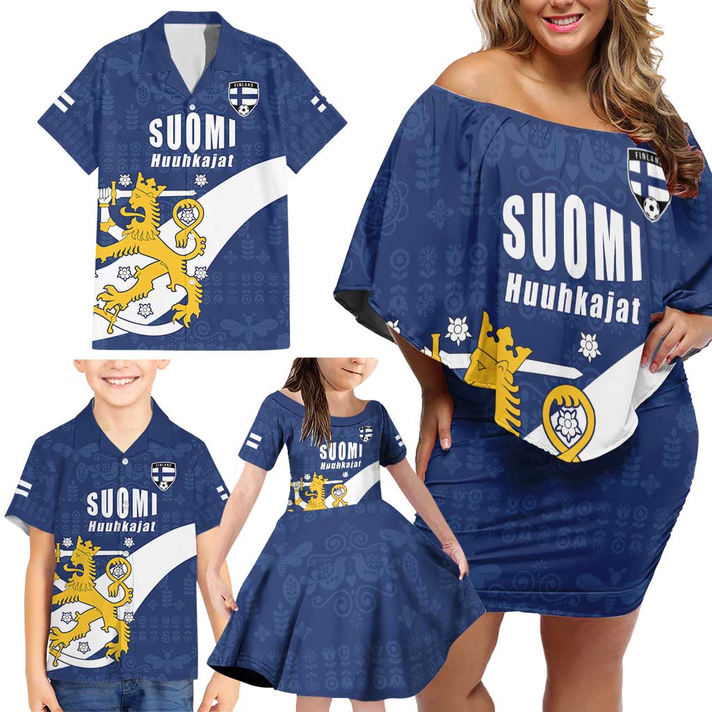 Custom Finland Football We are Champions Family Matching Off Shoulder Short Dress and Hawaiian Shirt Huuhkajat with Finnish Folk Paterns