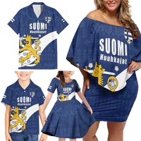 Custom Finland Football We are Champions Family Matching Off Shoulder Short Dress and Hawaiian Shirt Huuhkajat with Finnish Folk Paterns