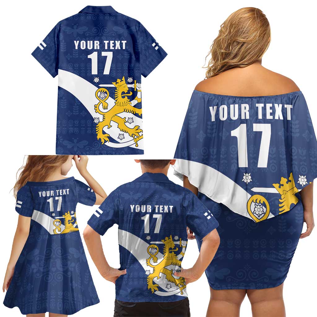 Custom Finland Football We are Champions Family Matching Off Shoulder Short Dress and Hawaiian Shirt Huuhkajat with Finnish Folk Paterns