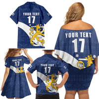 Custom Finland Football We are Champions Family Matching Off Shoulder Short Dress and Hawaiian Shirt Huuhkajat with Finnish Folk Paterns