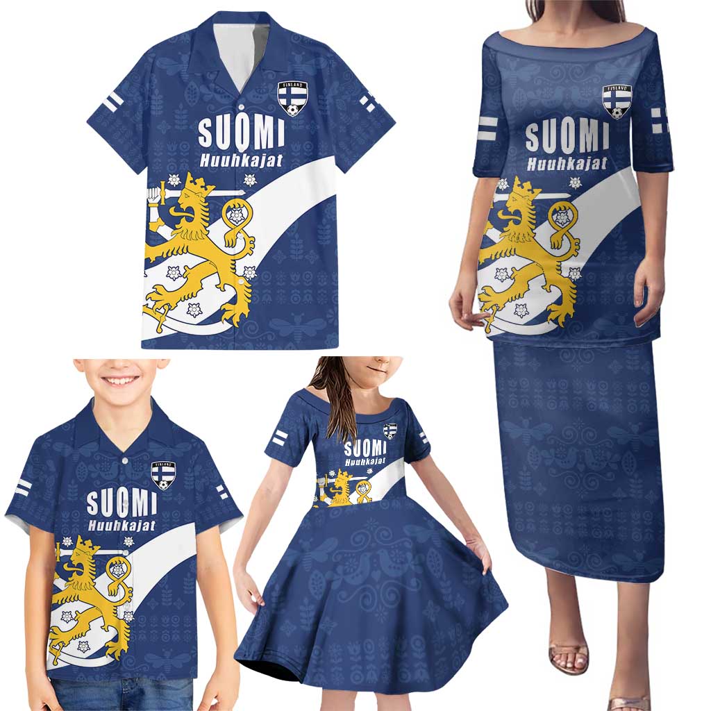 Custom Finland Football We are Champions Family Matching Puletasi and Hawaiian Shirt Huuhkajat with Finnish Folk Paterns