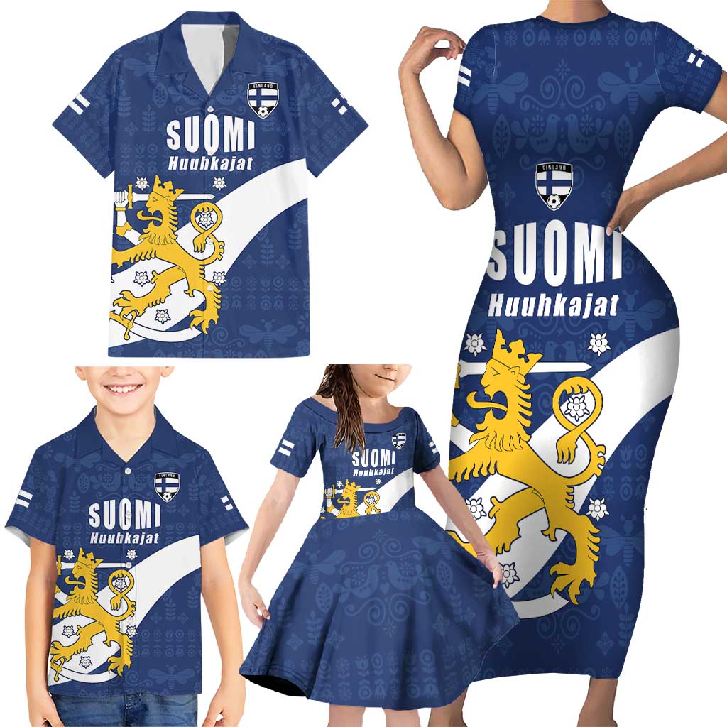 Custom Finland Football We are Champions Family Matching Short Sleeve Bodycon Dress and Hawaiian Shirt Huuhkajat with Finnish Folk Paterns