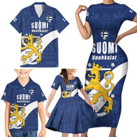Custom Finland Football We are Champions Family Matching Short Sleeve Bodycon Dress and Hawaiian Shirt Huuhkajat with Finnish Folk Paterns