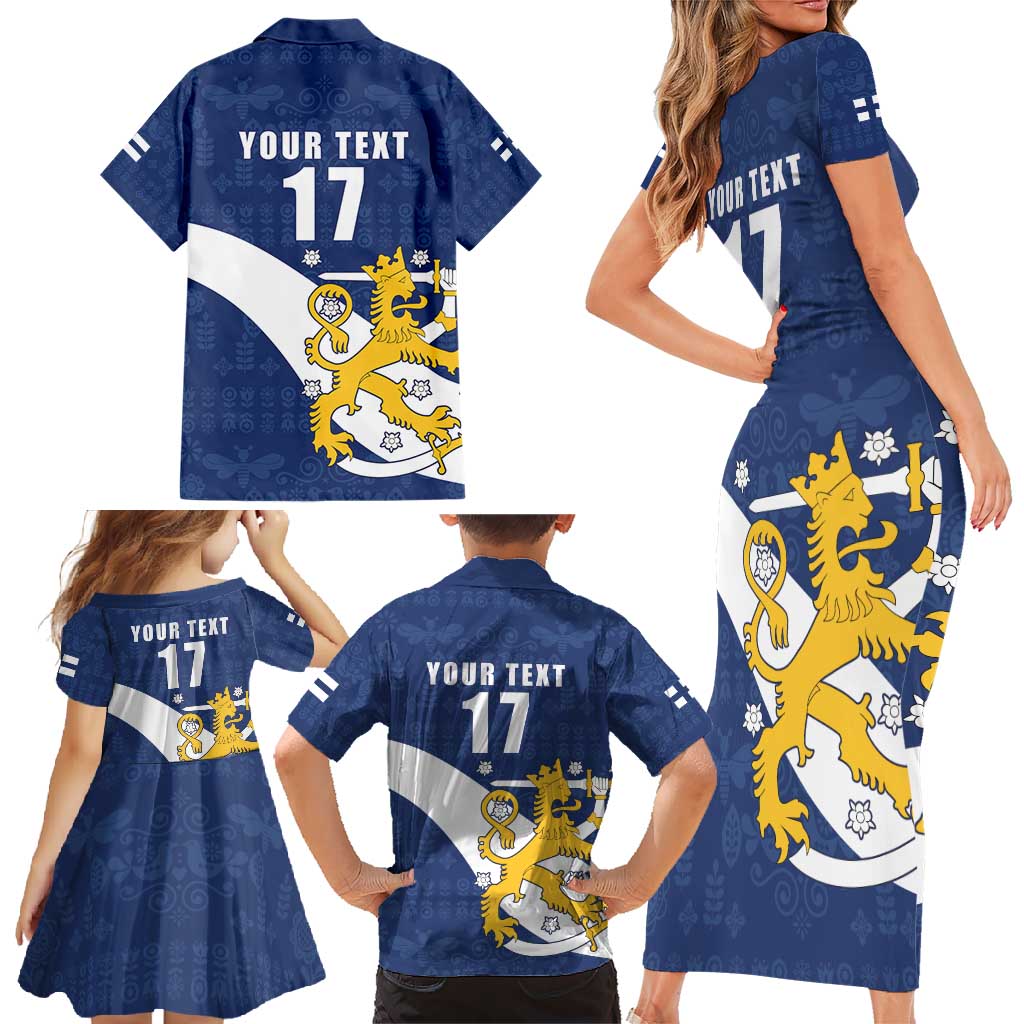 Custom Finland Football We are Champions Family Matching Short Sleeve Bodycon Dress and Hawaiian Shirt Huuhkajat with Finnish Folk Paterns