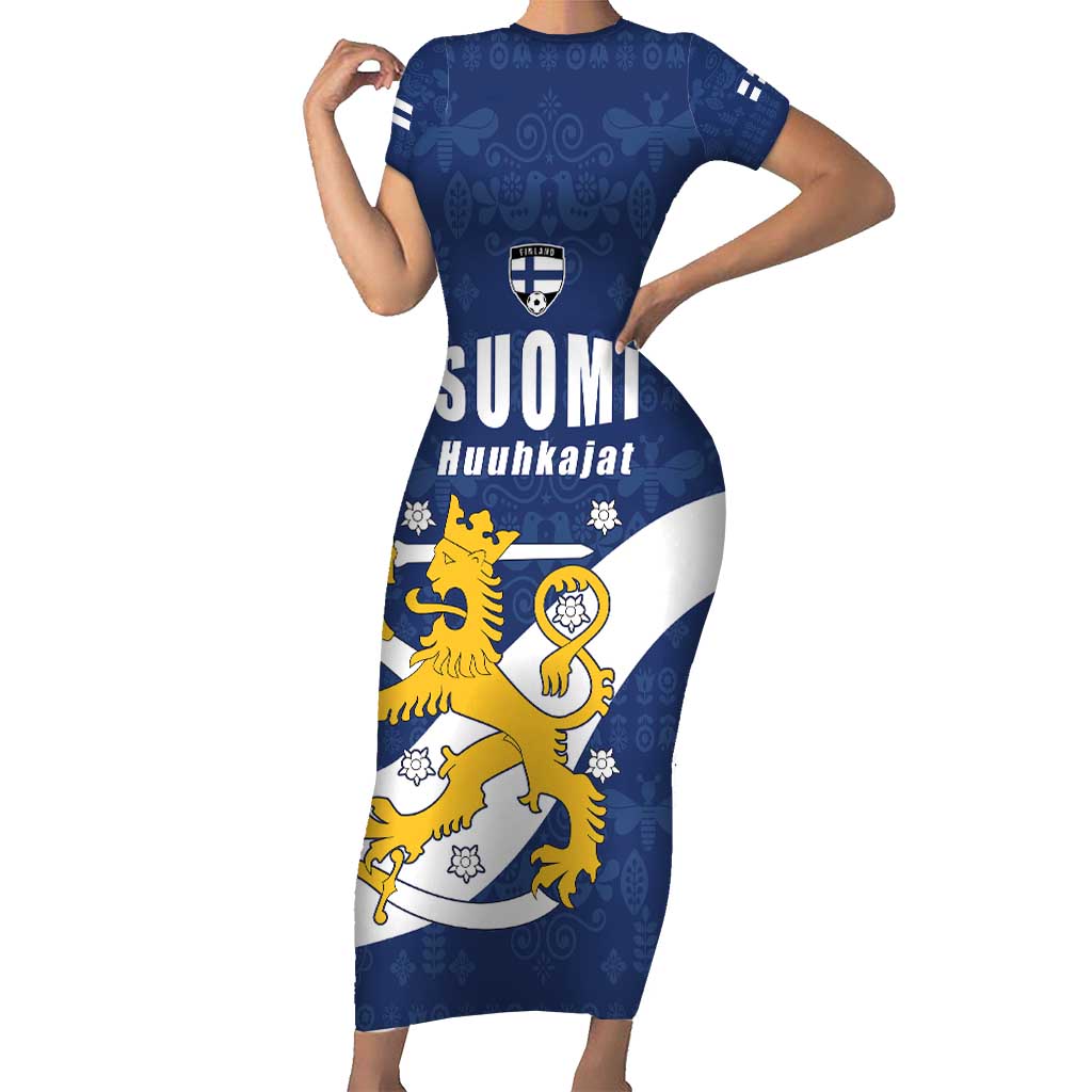 Custom Finland Football We are Champions Family Matching Short Sleeve Bodycon Dress and Hawaiian Shirt Huuhkajat with Finnish Folk Paterns