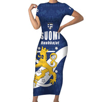 Custom Finland Football We are Champions Family Matching Short Sleeve Bodycon Dress and Hawaiian Shirt Huuhkajat with Finnish Folk Paterns