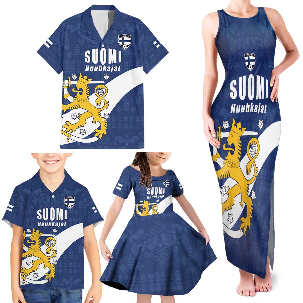 Custom Finland Football We are Champions Family Matching Tank Maxi Dress and Hawaiian Shirt Huuhkajat with Finnish Folk Paterns