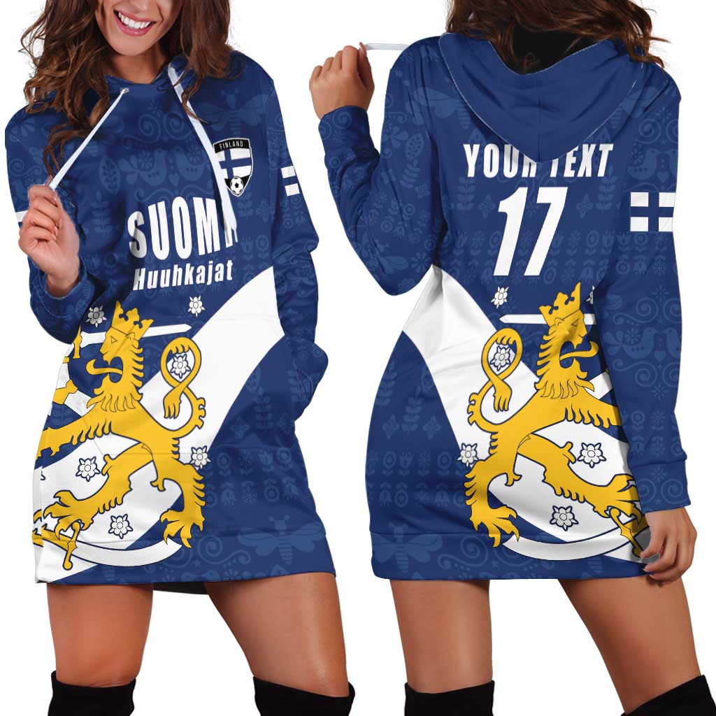 Custom Finland Football We are Champions Hoodie Dress Huuhkajat with Finnish Folk Paterns