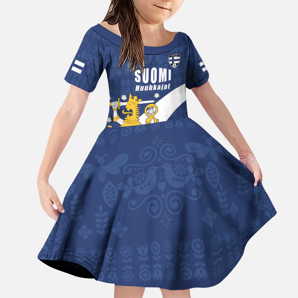 Custom Finland Football We are Champions Kid Short Sleeve Dress Huuhkajat with Finnish Folk Paterns