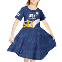 Custom Finland Football We are Champions Kid Short Sleeve Dress Huuhkajat with Finnish Folk Paterns