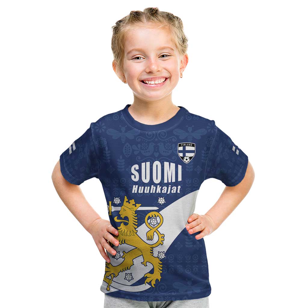 Custom Finland Football We are Champions Kid T Shirt Huuhkajat with Finnish Folk Paterns