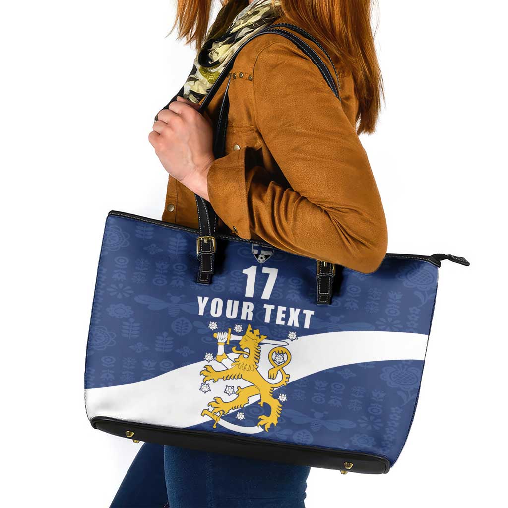 Custom Finland Football We are Champions Leather Tote Bag Huuhkajat with Finnish Folk Paterns