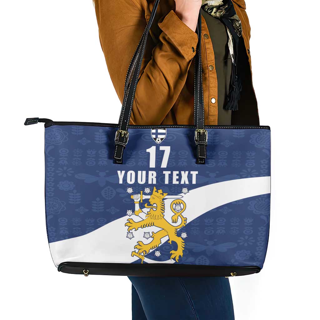 Custom Finland Football We are Champions Leather Tote Bag Huuhkajat with Finnish Folk Paterns