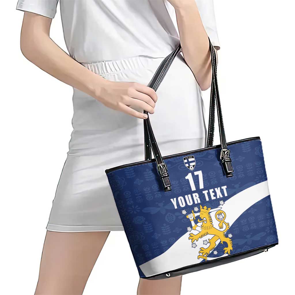 Custom Finland Football We are Champions Leather Tote Bag Huuhkajat with Finnish Folk Paterns