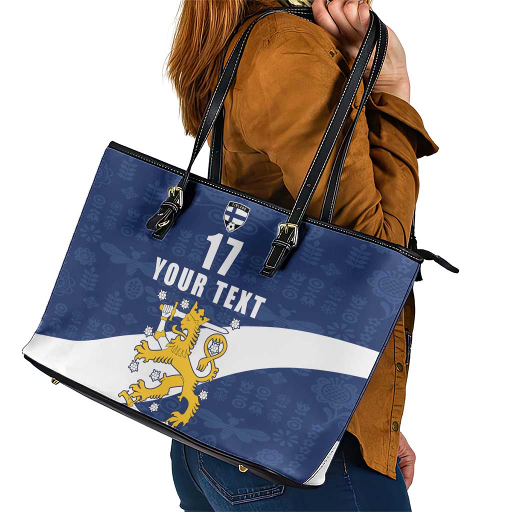Custom Finland Football We are Champions Leather Tote Bag Huuhkajat with Finnish Folk Paterns
