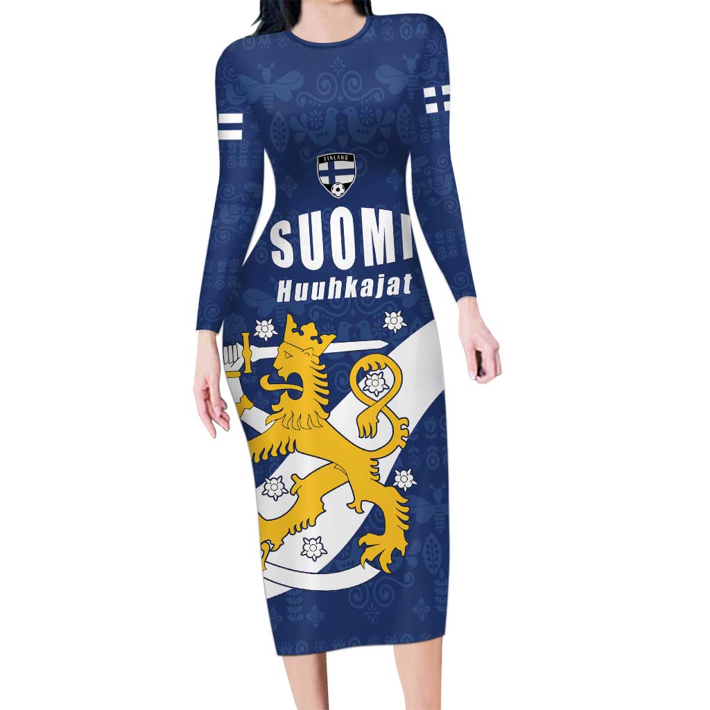 Custom Finland Football We are Champions Long Sleeve Bodycon Dress Huuhkajat with Finnish Folk Paterns