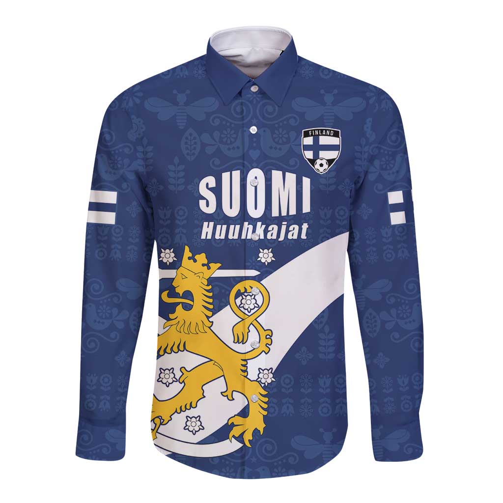 Custom Finland Football We are Champions Long Sleeve Button Shirt Huuhkajat with Finnish Folk Paterns