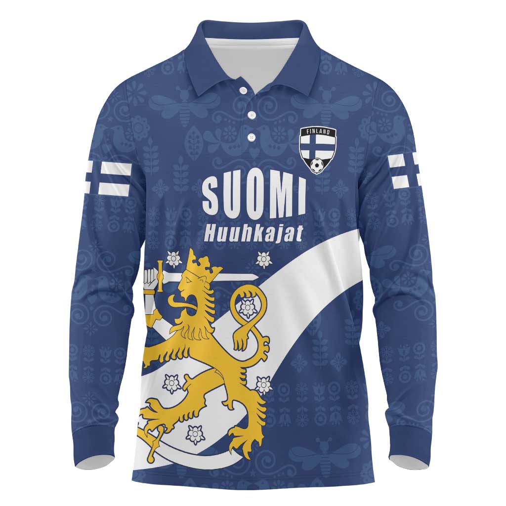 Custom Finland Football We are Champions Long Sleeve Polo Shirt Huuhkajat with Finnish Folk Paterns