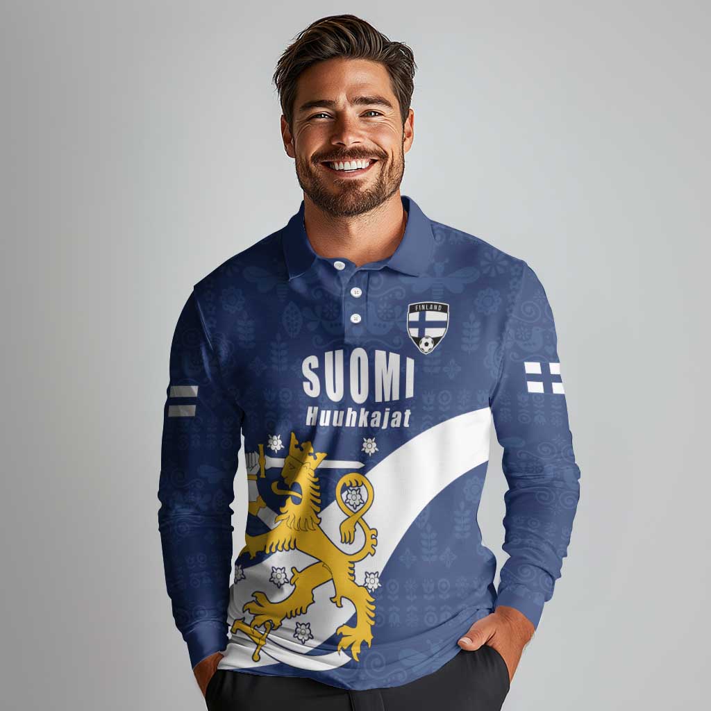 Custom Finland Football We are Champions Long Sleeve Polo Shirt Huuhkajat with Finnish Folk Paterns
