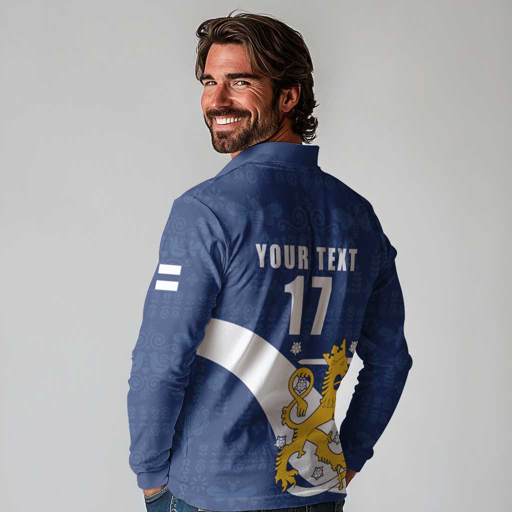 Custom Finland Football We are Champions Long Sleeve Polo Shirt Huuhkajat with Finnish Folk Paterns