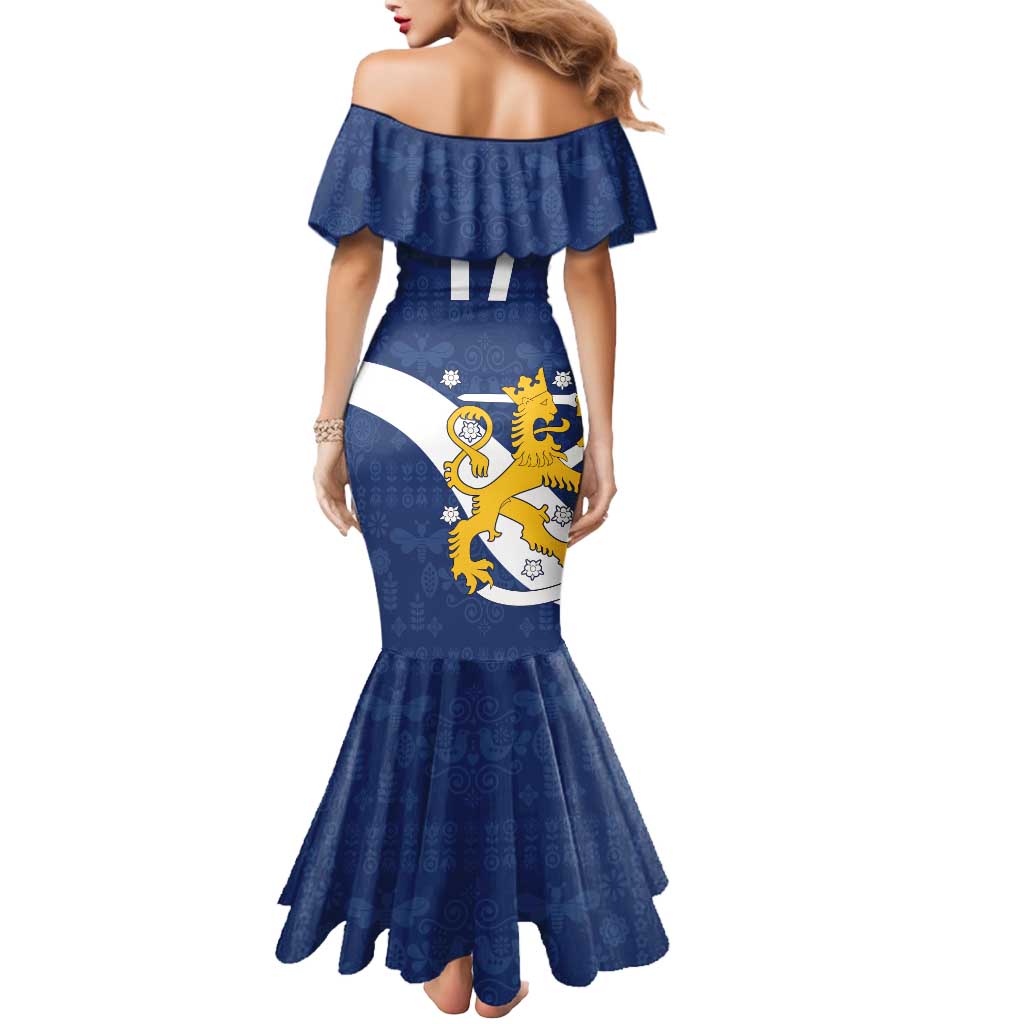 Custom Finland Football We are Champions Mermaid Dress Huuhkajat with Finnish Folk Paterns