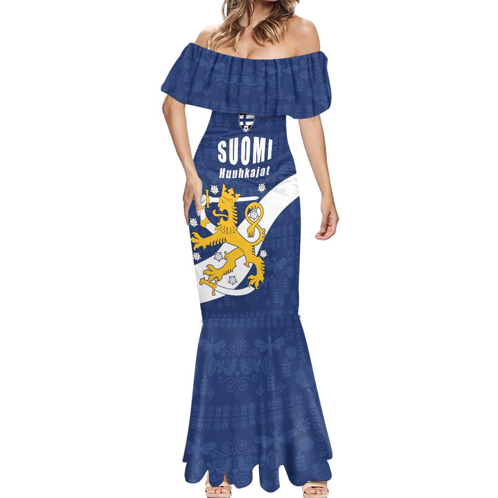 Custom Finland Football We are Champions Mermaid Dress Huuhkajat with Finnish Folk Paterns
