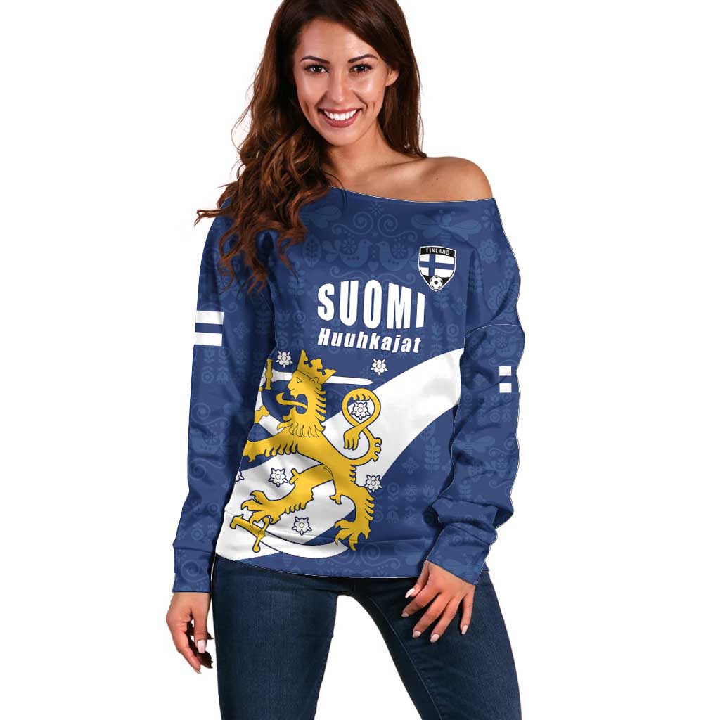 Custom Finland Football We are Champions Off Shoulder Sweater Huuhkajat with Finnish Folk Paterns
