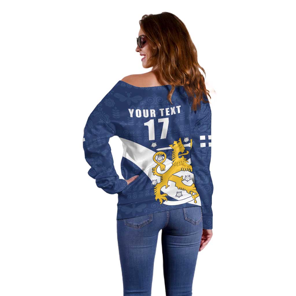 Custom Finland Football We are Champions Off Shoulder Sweater Huuhkajat with Finnish Folk Paterns
