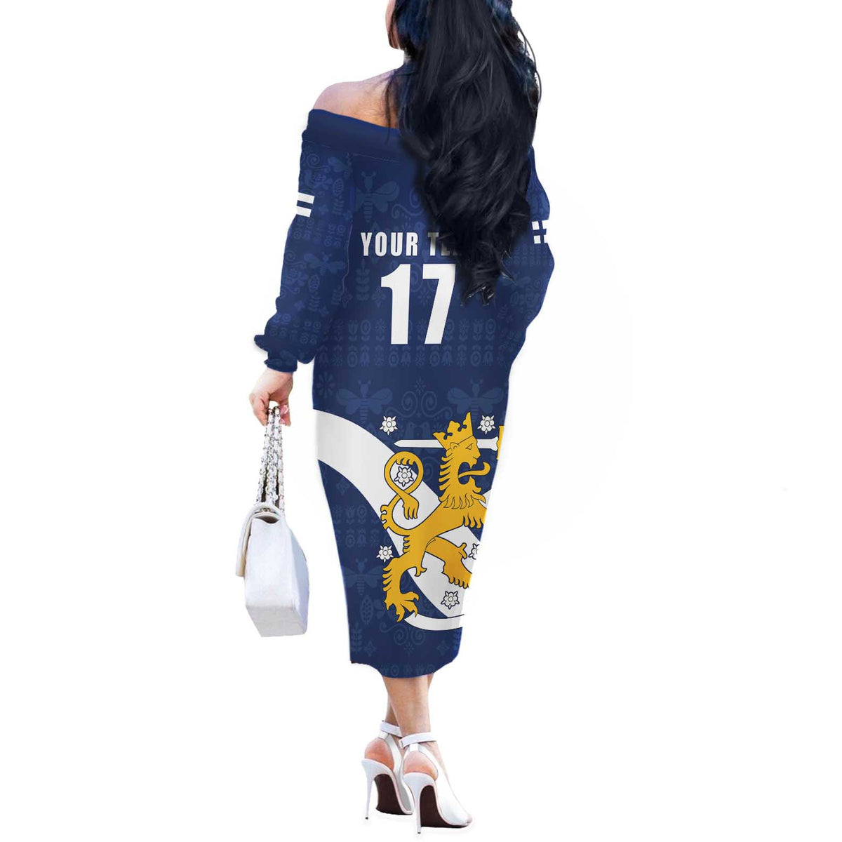 Custom Finland Football We are Champions Off The Shoulder Long Sleeve Dress Huuhkajat with Finnish Folk Paterns