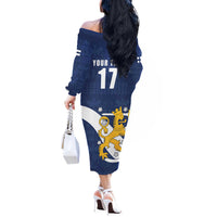 Custom Finland Football We are Champions Off The Shoulder Long Sleeve Dress Huuhkajat with Finnish Folk Paterns