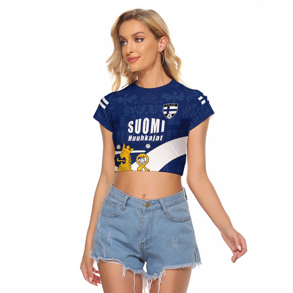 Custom Finland Football We are Champions Raglan Cropped T Shirt Huuhkajat with Finnish Folk Paterns