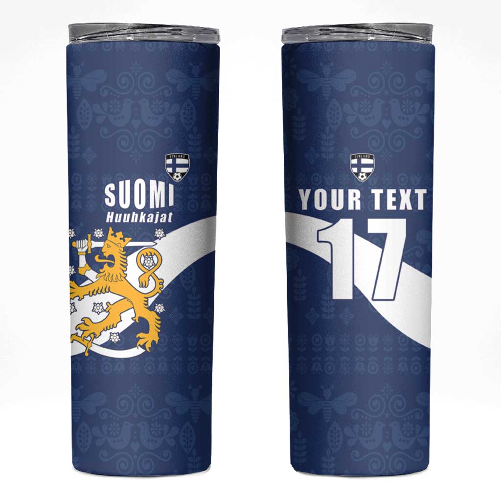 Custom Finland Football We are Champions Skinny Tumbler Huuhkajat with Finnish Folk Paterns