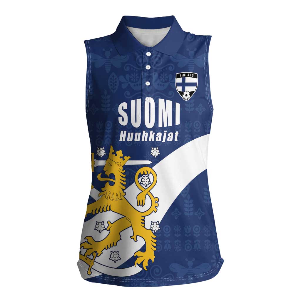 Custom Finland Football We are Champions Women Sleeveless Polo Shirt Huuhkajat with Finnish Folk Paterns