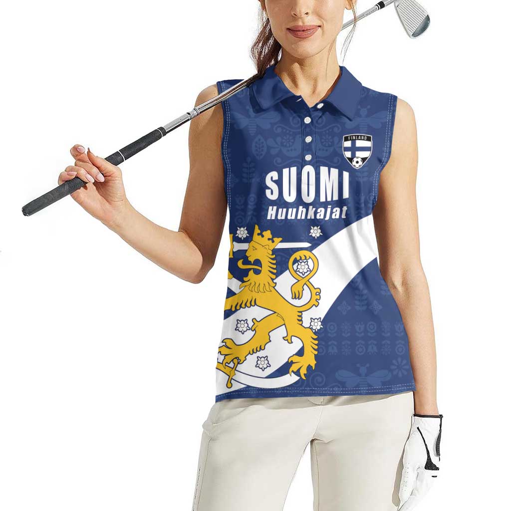 Custom Finland Football We are Champions Women Sleeveless Polo Shirt Huuhkajat with Finnish Folk Paterns