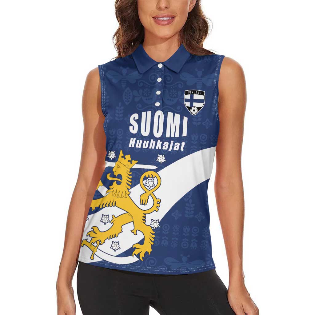 Custom Finland Football We are Champions Women Sleeveless Polo Shirt Huuhkajat with Finnish Folk Paterns