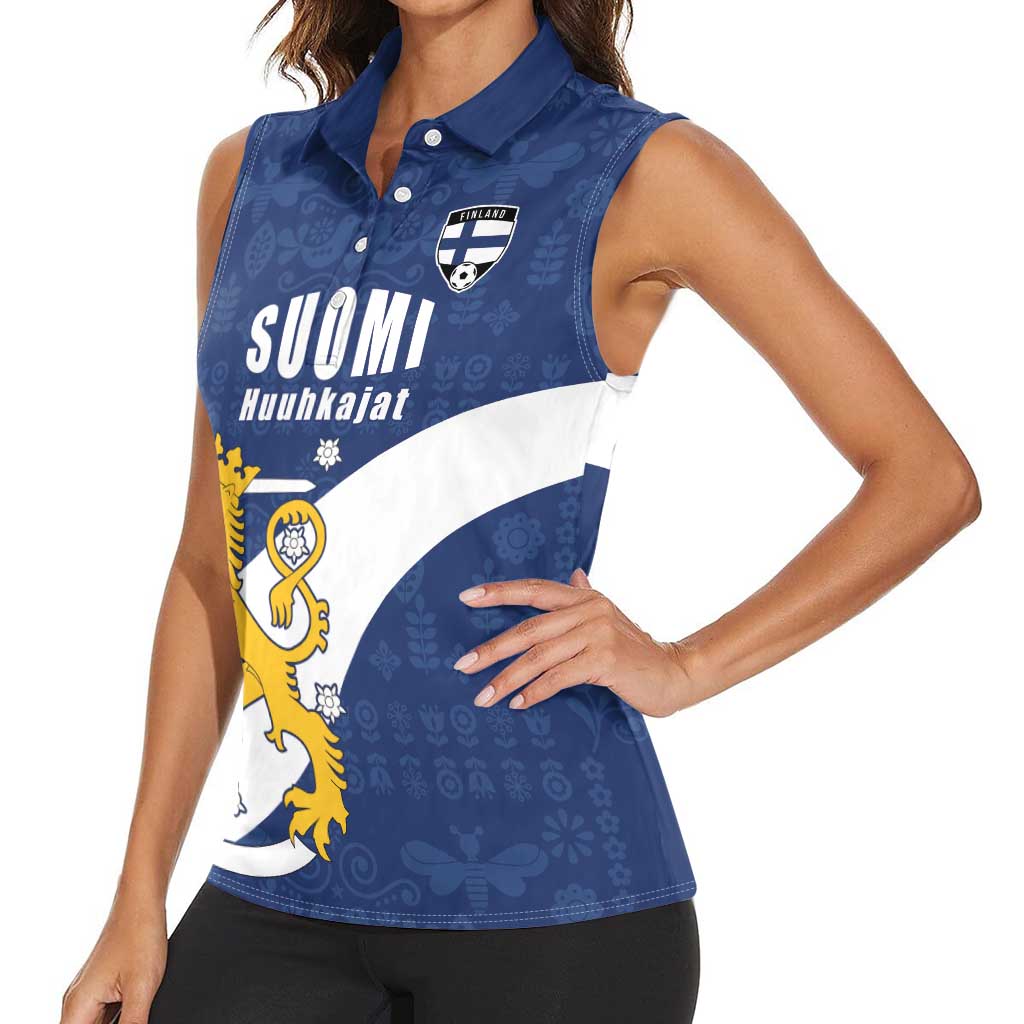 Custom Finland Football We are Champions Women Sleeveless Polo Shirt Huuhkajat with Finnish Folk Paterns