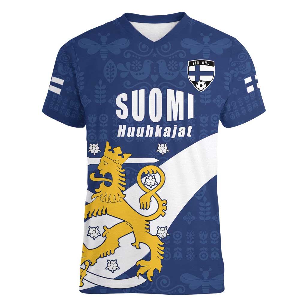 Custom Finland Football We are Champions Women V-Neck T-Shirt Huuhkajat with Finnish Folk Paterns