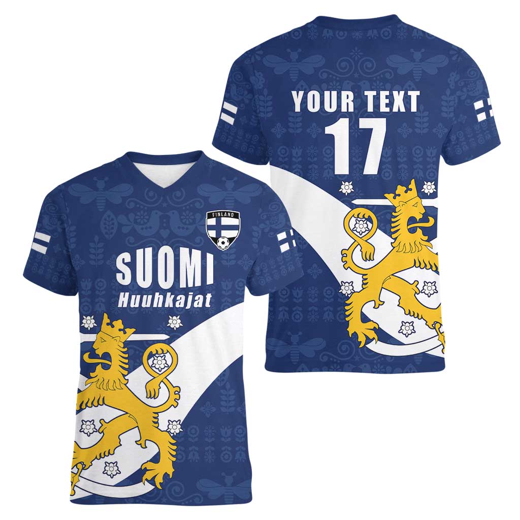 Custom Finland Football We are Champions Women V-Neck T-Shirt Huuhkajat with Finnish Folk Paterns